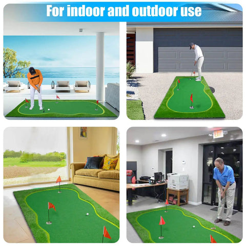 Various indoor and outdoor setups of Real Feel Golf Putting Green Mat For Indoor Outdoor Practice With A True Roll Surface That Feels Like The Course To Improve Your Short Game Lag Putts And Consistency At Home Office Or Backyard.