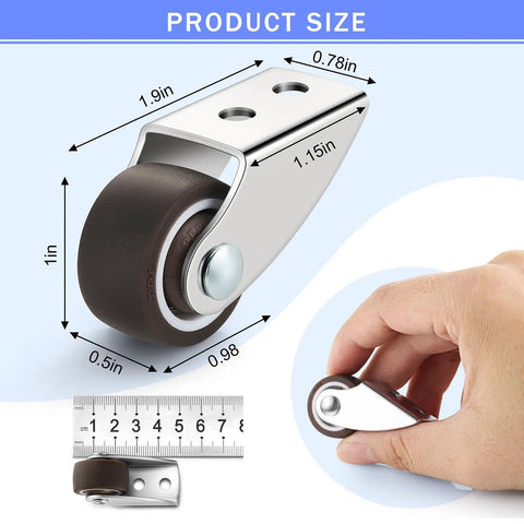 Image showing dimensions of 8 Pack Low Profile Caster Wheels 1 Inch Non Swivel Fixed Casters with rubber tread and mounting details.