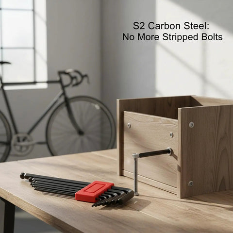 Get Rock Solid 7 Piece S2 Carbon Steel Hex Key Set Perfect For Furniture Assembly Bike Repair Heavy Duty Allen Wrench Kit Built To Last No rounding Or stripping Just Tough American Gear Ready To Tackle Any Job. 7-piece S2 carbon steel hex key set in red holder for furniture assembly