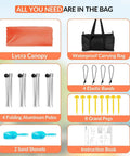 Beach Tent Sun Shelter 10x10ft UPF50 Plus Portable Shade Canopy Orange contents overview with canopy, bag, poles, pegs, shovels