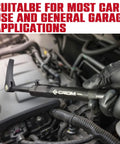 Extendable Telescoping Pry Bar With Adjustable Indexing Positions That Give Straight Up Heavy Duty Leverage to kick rusted bolts free in cramped spots, shown in use in a car engine compartment.