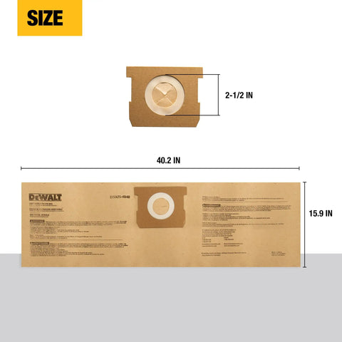Size dimensions of Three Pack Dust Bags For 4 Gallon Wet Dry Vacuums DXVA25 4040 Compatible With DXV04T shown on packaging.