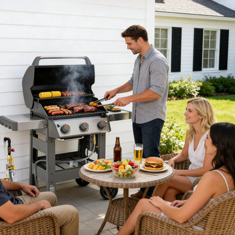 Outdoor barbecue with Three Eighths Inch Natural Gas Hose With Quick Connect Fitting For Grills And Heaters CSA Certified Flexible Low Pressure Gas Line