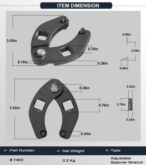 Adjustable Gland Nut Wrench For Hydraulic Cylinders, handy spanner with two-slot claw, item dimensions and design details shown