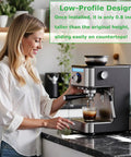 Woman using espresso machine raised on low profile half inch caster wheels with 360 degree swivel plate for light furniture and small appliances.