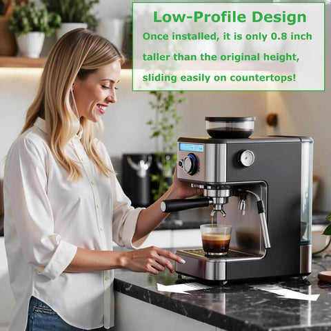 Woman using espresso machine raised on low profile half inch caster wheels with 360 degree swivel plate for light furniture and small appliances.