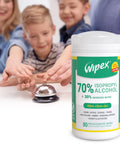 Pack of alcohol wipes for electronics with 70 percent isopropyl alcohol near people reaching for a bell, quick dry cleaning