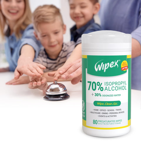 Pack of alcohol wipes for electronics with 70 percent isopropyl alcohol near people reaching for a bell, quick dry cleaning