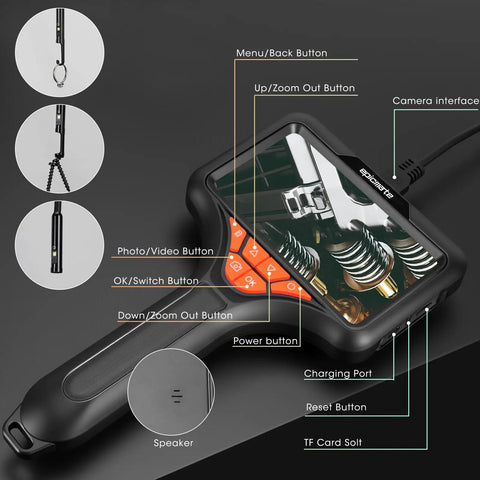 Pro Grade 5 Inch Triple Lens Handheld Endoscope With Light And Screen 1080P HD Borescope For Inspections Front And Side View Camera Bright IPS Display Easy To Use Industrial Repair Tool, controls shown