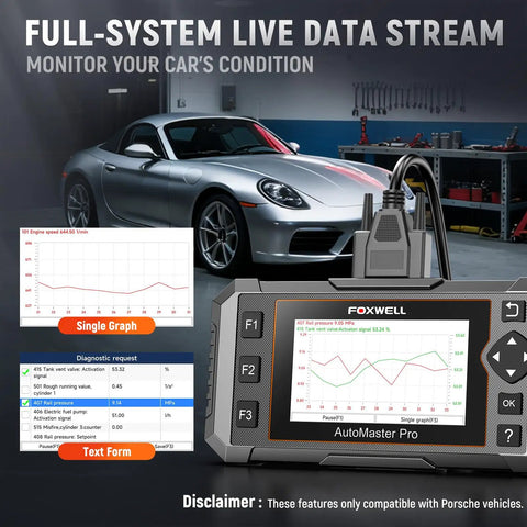 NT510 Pro OBD2 Scanner For Porsche Two In One Diagnostic Tool And 12 Volt Battery Tester with car in garage and data feed