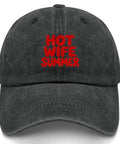 Effortlessly Cool Lightweight Summer Cotton Dad Hat for Women with 'Hot Wife Summer' text, adjustable strap, washed style.