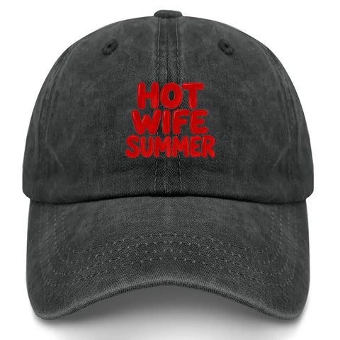 Effortlessly Cool Lightweight Summer Cotton Dad Hat for Women with 'Hot Wife Summer' text, adjustable strap, washed style.
