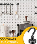 Heavy Duty Magnetic Hooks for Fridge and Grill on a kitchen pegboard holding utensils, showcasing extra strong neodymium hangers.
