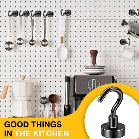 Heavy Duty Magnetic Hooks for Fridge and Grill on a kitchen pegboard holding utensils, showcasing extra strong neodymium hangers.