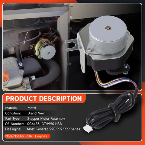 0G6453 Stepper Motor Assembly mounted on a bracket beside an engine, gray metal housing with multicolor wires.