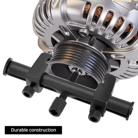 Beefy Universal Ribbed Drive Pulley Crankshaft Remover Tool Puller with low-profile arms in use on engine component
