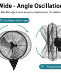 20 Inch High Velocity Wall Mount Fan With 7000 CFM Beast Wind, 120 Degree Oscillation, side view showing fan oscillation