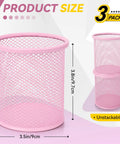 3 Pack Mesh Metal Pen Holders Set 3.5x3.8in Desk Organizer Cups For Office And Home, pink holders with dimensions shown.