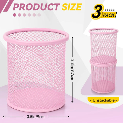 3 Pack Mesh Metal Pen Holders Set 3.5x3.8in Desk Organizer Cups For Office And Home, pink holders with dimensions shown.