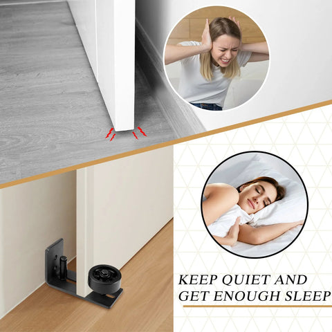 4 Pieces Sliding Closet Barn Door Floor Guide Kit With Flush Wall Mount Design installed, shown supporting a sliding door for quiet operation