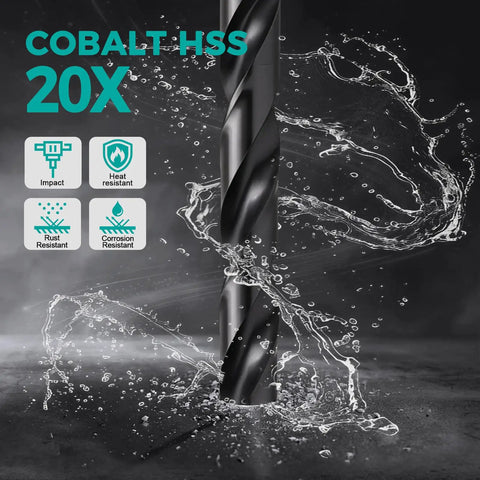 Pro Grade 21 Piece Cobalt Drill Bit Set With Bullet Point Tip M35 TiAlN Coated showcasing water resistance features