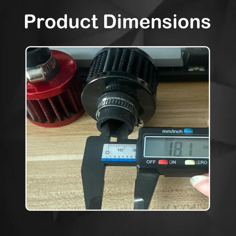 18mm Cold Air Intake Filter For Cars And Motorcycles with adjustable clamp, digital caliper showing size measurement on table