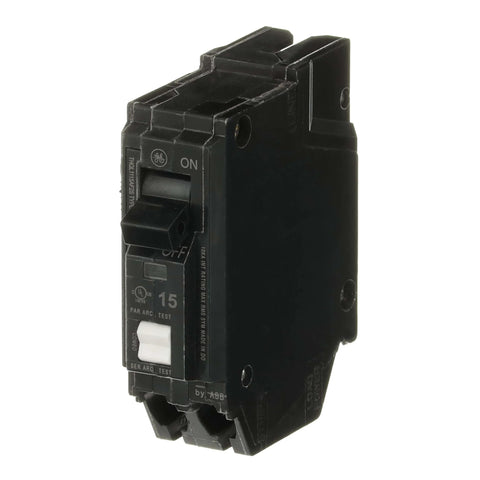 Single 15A 1-Pole 120/240V Combination Arc-Fault Circuit Breaker (AFCI), UL Listed, black Q-Line plug-in, compact design.