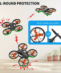 RC Drone With Auto Hover And Headless Mode For Easy Night Flights LED Lights Full Prop Guard shown hovering indoors