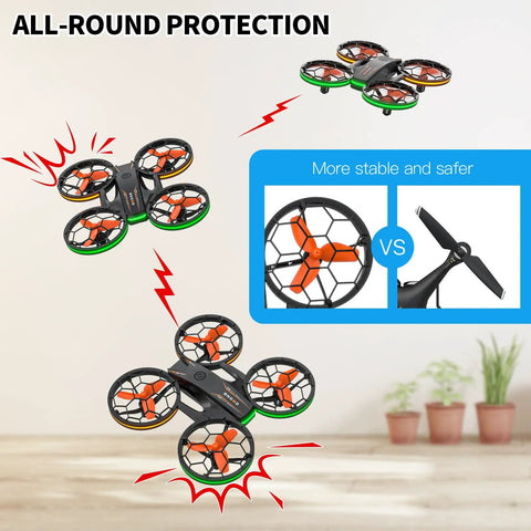 RC Drone With Auto Hover And Headless Mode For Easy Night Flights LED Lights Full Prop Guard shown hovering indoors