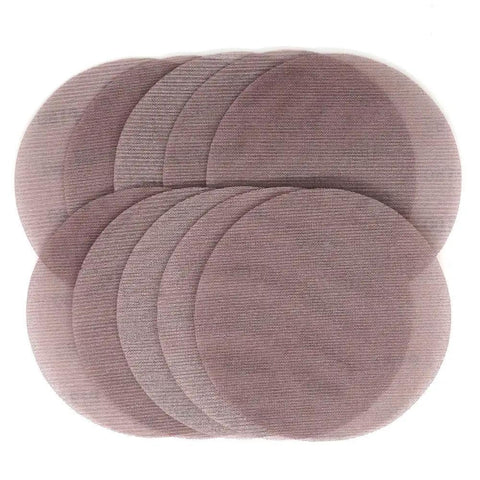 Grab These 10 Pro Mesh Sanding Discs For Dust Free Grindin' Jobs. 9 Inch Multi Grit Paper arranged in a stack for wood and metal smoothing.