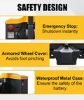 Safety features of Heavy-Duty 4400 Lb Full Electric Pallet Jack With 48 Inch Forks, including emergency stop and waterproof case.
