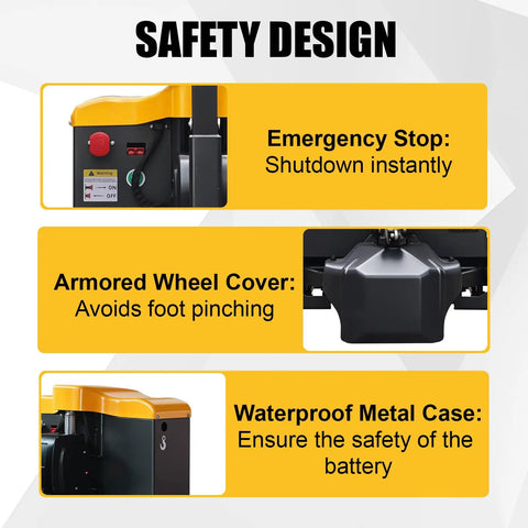 Safety features of Heavy-Duty 4400 Lb Full Electric Pallet Jack With 48 Inch Forks, including emergency stop and waterproof case.