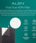 Replacement True HEPA Air Filter For BreatheSmart Classic infographic with filter features and benefits like bacteria and dust removal.