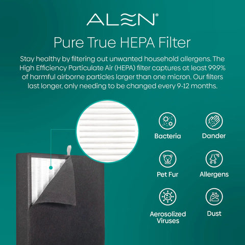 Replacement True HEPA Air Filter For BreatheSmart Classic infographic with filter features and benefits like bacteria and dust removal.