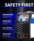 Front panel of 135 Amp 110V 220V Dual Voltage MIG Welder 3 In 1 Flux Core MIG Lift TIG And Stick Portable Welder with safety features