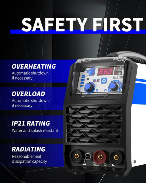 Front panel of 135 Amp 110V 220V Dual Voltage MIG Welder 3 In 1 Flux Core MIG Lift TIG And Stick Portable Welder with safety features