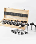 Heavy Duty Carbide Tipped Forstner Drill Bit Set Packs Sixteen Badass Sizes in wooden case for precise woodworking tasks.