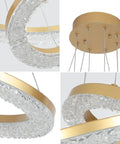 Lit 2 Ring Gold Crystal Chandelier With LED Integrated Dimmable 3000K Warm White Ceiling Lights close-up angles