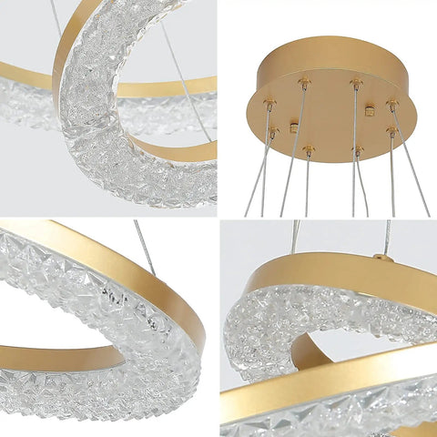 Lit 2 Ring Gold Crystal Chandelier With LED Integrated Dimmable 3000K Warm White Ceiling Lights close-up angles