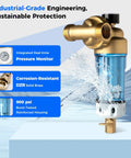 Reusable Spin Down Sediment Water Filter, 50 Micron, Built-In Housing Scraper, 360 Degree Rotatable Head, Blue, with pressure gauge