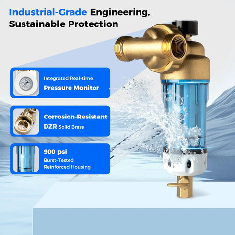 Reusable Spin Down Sediment Water Filter, 50 Micron, Built-In Housing Scraper, 360 Degree Rotatable Head, Blue, with pressure gauge