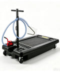 Heavy Duty 17 Gallon Low Profile Oil Drain Pan With Hand Pump Hose for Auto Shop, featuring pump hose and casters.