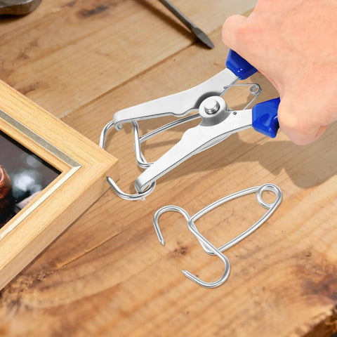 Premium Stainless Steel Miter Spring Clamps Kit With Heavy Duty Pliers For Picture Frames Wood Trim And Moldings In 24 Pieces Plus Storage Ring To Keep Your Studio Organized And Ready For Any Project. stainless miter clamp and pliers on wood frame
