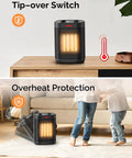 Powerful 1500W Portable Ceramic Space Heater With Thermostat showing tip-over switch and overheat protection features