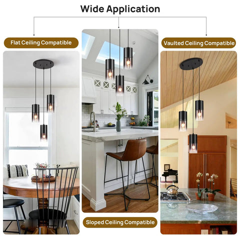 Black Industrial Kitchen Island Pendant Light With Black Glass Shade 3 E26 Bulbs Farmhouse Chandelier Fixtures 59 Inch Adjustable Cord Modern Retro Style shown in dining room and kitchen with flat, sloped, and vaulted ceilings.