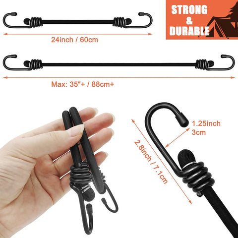 Heavy Duty 24 Inch Bungee Cords With Hooks Pack Of 4 Black Built Tough Industrial Grade Outdoor Tie Downs shown with measurements.