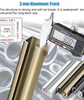 Measuring tool on 3 mm Aluminum Track, Sliding Glass Barn Door Hardware Kit For Shower Doors With 3 Mm Aluminum Track And Stainless Steel Rollers No Squeak Ultra Quiet Smooth Glide Black Finish Fits 10 To 12 Mm Thick Doors 11.2 Ft Long Rail materials shown.