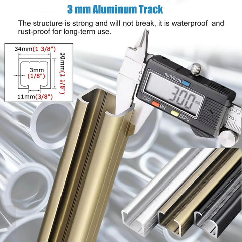 Measuring tool on 3 mm Aluminum Track, Sliding Glass Barn Door Hardware Kit For Shower Doors With 3 Mm Aluminum Track And Stainless Steel Rollers No Squeak Ultra Quiet Smooth Glide Black Finish Fits 10 To 12 Mm Thick Doors 11.2 Ft Long Rail materials shown.