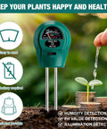 4 Pack Plant Moisture Meter 3 In 1 Soil Tester And PH Monitor For Houseplants And Garden Indoor Outdoor Yard Lawn Patio Farm Care No Battery Required Green with icons and plant