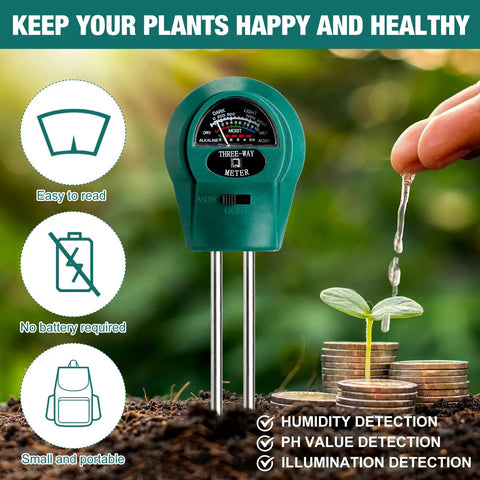 4 Pack Plant Moisture Meter 3 In 1 Soil Tester And PH Monitor For Houseplants And Garden Indoor Outdoor Yard Lawn Patio Farm Care No Battery Required Green with icons and plant